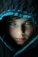 en stänga upp av en ung flicka med blå ögon generativ ai foto