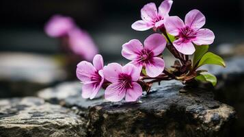 en stänga upp av några rosa blommor på en sten generativ ai foto