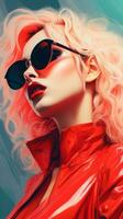 en digital målning av en kvinna bär solglasögon och en röd jacka generativ ai foto