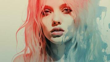 en digital målning av en kvinna med blå och rosa hår generativ ai foto