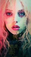 en digital målning av en kvinna med rosa hår och blå ögon generativ ai foto