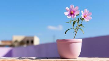 en blomma pott med två rosa blommor Sammanträde på topp av en tabell generativ ai foto