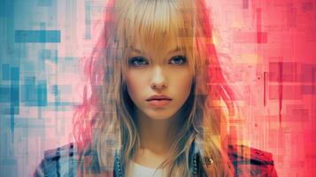 en flicka med blond hår och blå ögon i främre av ett abstrakt bakgrund generativ ai foto