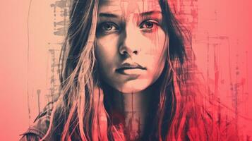 en flicka med lång hår och en röd bakgrund generativ ai foto