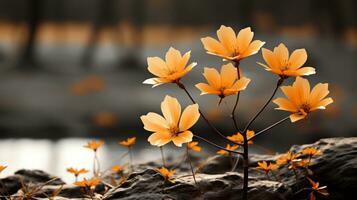 en grupp av orange blommor i de mitten av en fält generativ ai foto