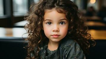 en liten flicka med lockigt hår Sammanträde på en tabell generativ ai foto
