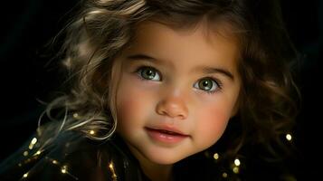 en liten flicka med grön ögon ser på de kamera generativ ai foto