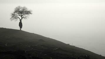 en ensam träd står på de kant av en dimmig kulle generativ ai foto
