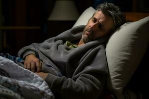 en man är sovande i en säng på natt generativ ai foto
