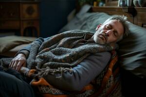en man är sovande på en säng med en filt generativ ai foto