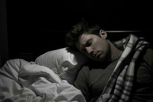 en man sovande i säng med en filt generativ ai foto