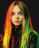 en målning av en flicka med lång hår och färgrik hår generativ ai foto