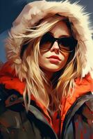 en målning av en kvinna bär solglasögon och en huvor jacka generativ ai foto