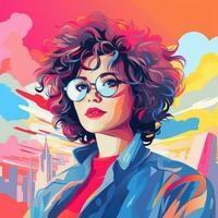 en målning av en kvinna med glasögon och lockigt hår generativ ai foto