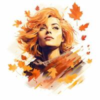 en målning av en kvinna med orange hår och löv generativ ai foto