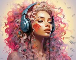 en målning av en kvinna med rosa hår och hörlurar generativ ai foto