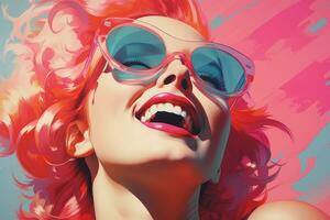 en målning av en kvinna med rosa hår och solglasögon generativ ai foto