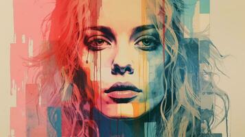 en målning av en kvinnors ansikte med en färgrik bakgrund generativ ai foto