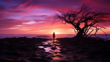 en person stående i främre av en träd på solnedgång generativ ai foto