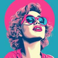 en pop- konst stil illustration av en kvinna bär solglasögon generativ ai foto