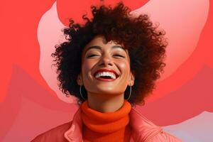 en leende kvinna med lockigt hår och ett orange Tröja generativ ai foto