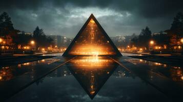 en triangel formad byggnad med en fontän i främre av den på natt generativ ai foto