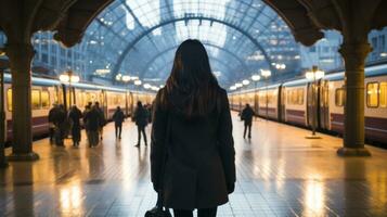 en kvinna i en svart täcka stående i främre av en tåg station generativ ai foto