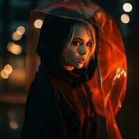 en kvinna i en svart luvtröja är stående i de regn generativ ai foto
