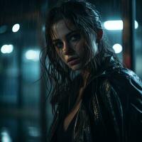 en kvinna i en svart läder jacka stående i de regn generativ ai foto