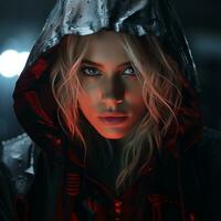 en kvinna i en regn jacka med röd ljus Bakom henne generativ ai foto