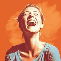 en kvinna är skrattande i främre av ett orange bakgrund generativ ai foto