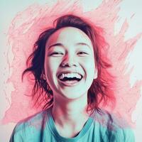 en kvinna är skrattande i främre av en rosa bakgrund generativ ai foto