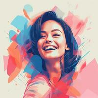en kvinna är leende i främre av en färgrik bakgrund generativ ai foto