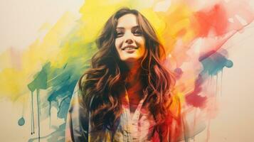 en kvinna är leende i främre av en färgrik bakgrund generativ ai foto