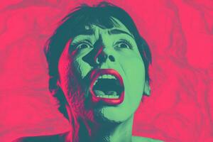 en kvinna skrikande i främre av en rosa och grön bakgrund generativ ai foto
