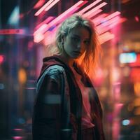 en kvinna stående i främre av neon lampor på natt generativ ai foto