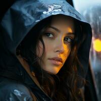 en kvinna bär en regn jacka generativ ai foto