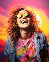 en kvinna bär solglasögon och en färgrik skjorta är leende i främre av en solnedgång generativ ai foto