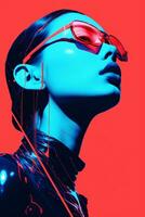 en kvinna bär solglasögon och en röd och blå bakgrund generativ ai foto