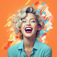 en kvinna med blond hår och röd läppstift är skrattande i främre av ett abstrakt bakgrund generativ ai foto