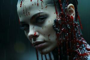 en kvinna med blod på henne ansikte i de regn generativ ai foto