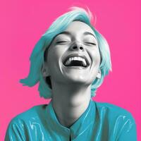 en kvinna med blå hår skrattande och leende generativ ai foto