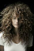 en kvinna med lockigt hår Framställ för de kamera generativ ai foto
