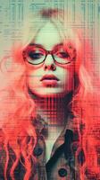 en kvinna med glasögon och röd hår i främre av en dator skärm generativ ai foto