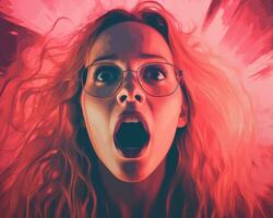 en kvinna med glasögon är skrikande i främre av en röd bakgrund generativ ai foto