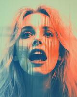 en kvinna med henne mun öppen i främre av en röd och blå bakgrund generativ ai foto