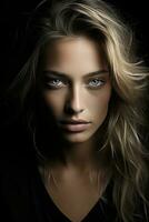 en kvinna med lång blond hår och blå ögon generativ ai foto