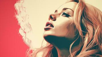 en kvinna med lång blond hår är rökning en cigarett generativ ai foto