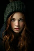 en kvinna med lång röd hår i en vinter- hatt generativ ai foto