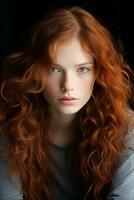 en kvinna med lång röd hår generativ ai foto